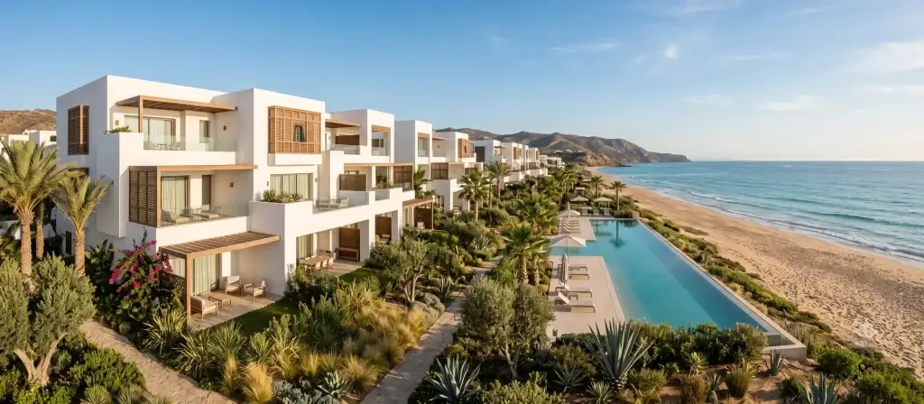 Complejo costero contemporáneo de apartamentos con servicios frente al Mediterráneo, representativo del proyecto de residencias de marca de Accor y NAIA Developments en la costa norte de Egipto