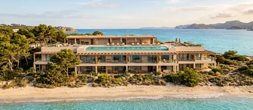 Edificio de apartamentos con servicios en primera línea de playa en Formentera, con azotea y piscina, representativo del proyecto de Alojamiento Flexible de All Iron en Es Pujols