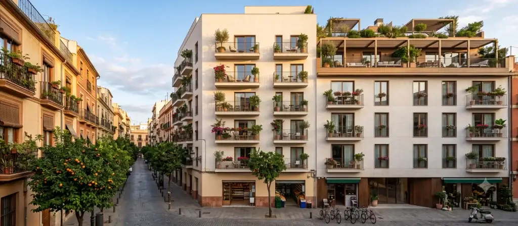 Edificio residencial contemporáneo de apartamentos con servicios en un barrio de Valencia, con terraza en la azotea, representativo de los proyectos de Alojamiento Flexible de Bob W en Patraix y La Saïdia