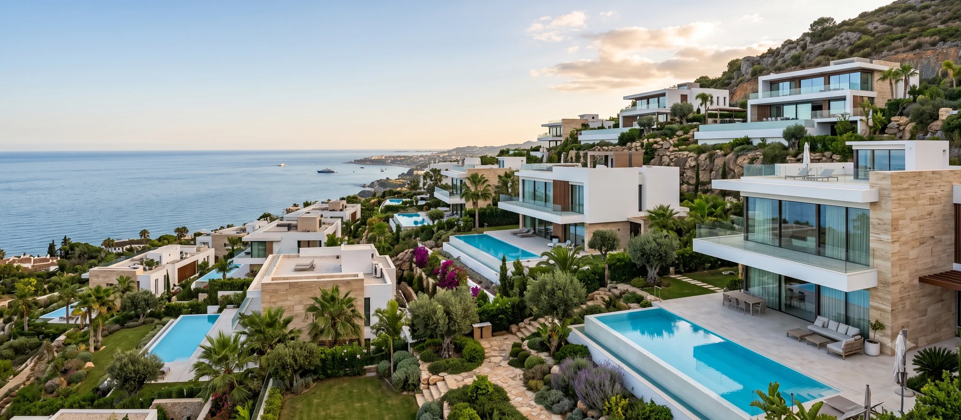 Villas de lujo de arquitectura contemporánea sobre la costa mediterránea malagueña, representativas de los proyectos de branded residences identificados por Colliers en la Costa del Sol
