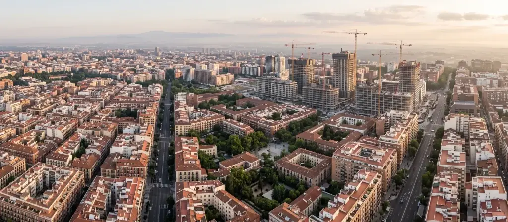 Vista aérea de una gran ciudad española con bloques residenciales y grúas de obra, ilustrativa del volumen de inversión en el mercado living español