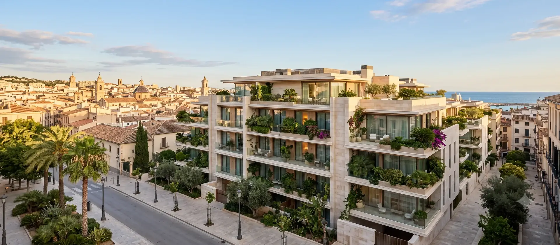 Edificio de apartahoteles de alta gama en una ciudad mediterránea española, representativo de la red de Alojamiento Flexible que Edgar Suites amplía en Málaga y Valencia