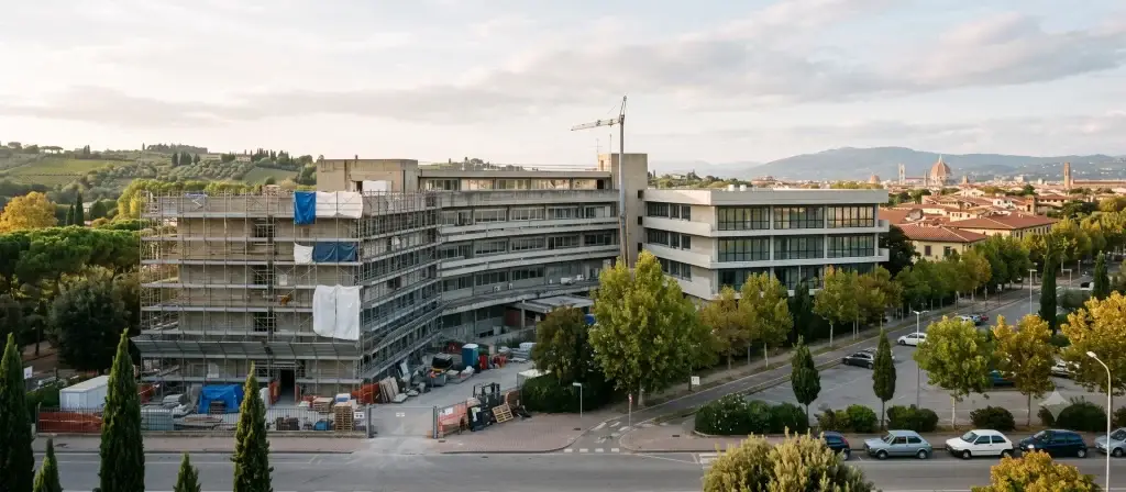 Edificio de oficinas de los años setenta en un distrito universitario de Florencia en proceso de reconversión a residencia de estudiantes