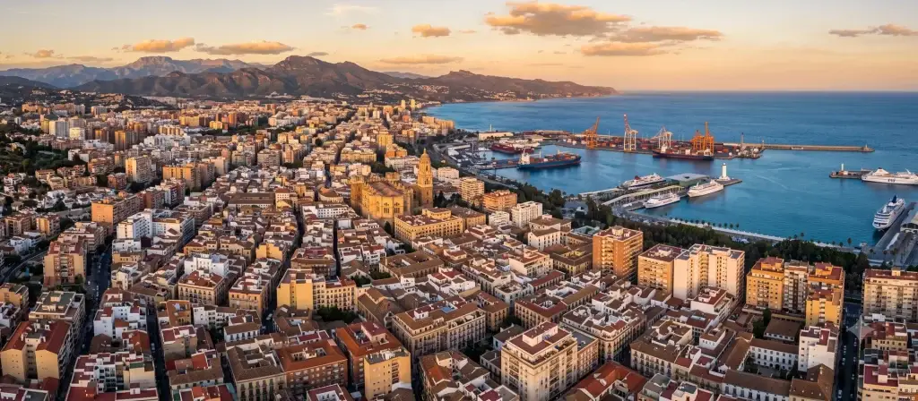 Vista del centro urbano de Málaga con edificios residenciales y el puerto al fondo, ilustrativa de la suspensión municipal de nuevos alojamientos turísticos en suelo residencial