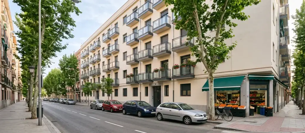 Edificio de viviendas en alquiler gestionado profesionalmente en un área metropolitana española, ilustrativo de la cartera residencial de la gestora Muppy