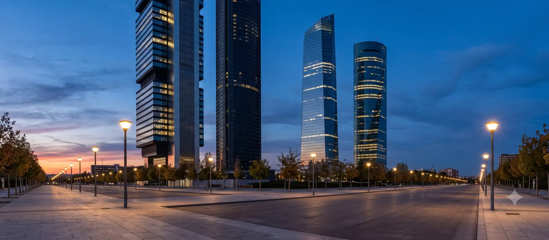 Torres de oficinas del distrito financiero de Madrid al atardecer, ilustrativas del papel de la financiación alternativa en el sector inmobiliario español