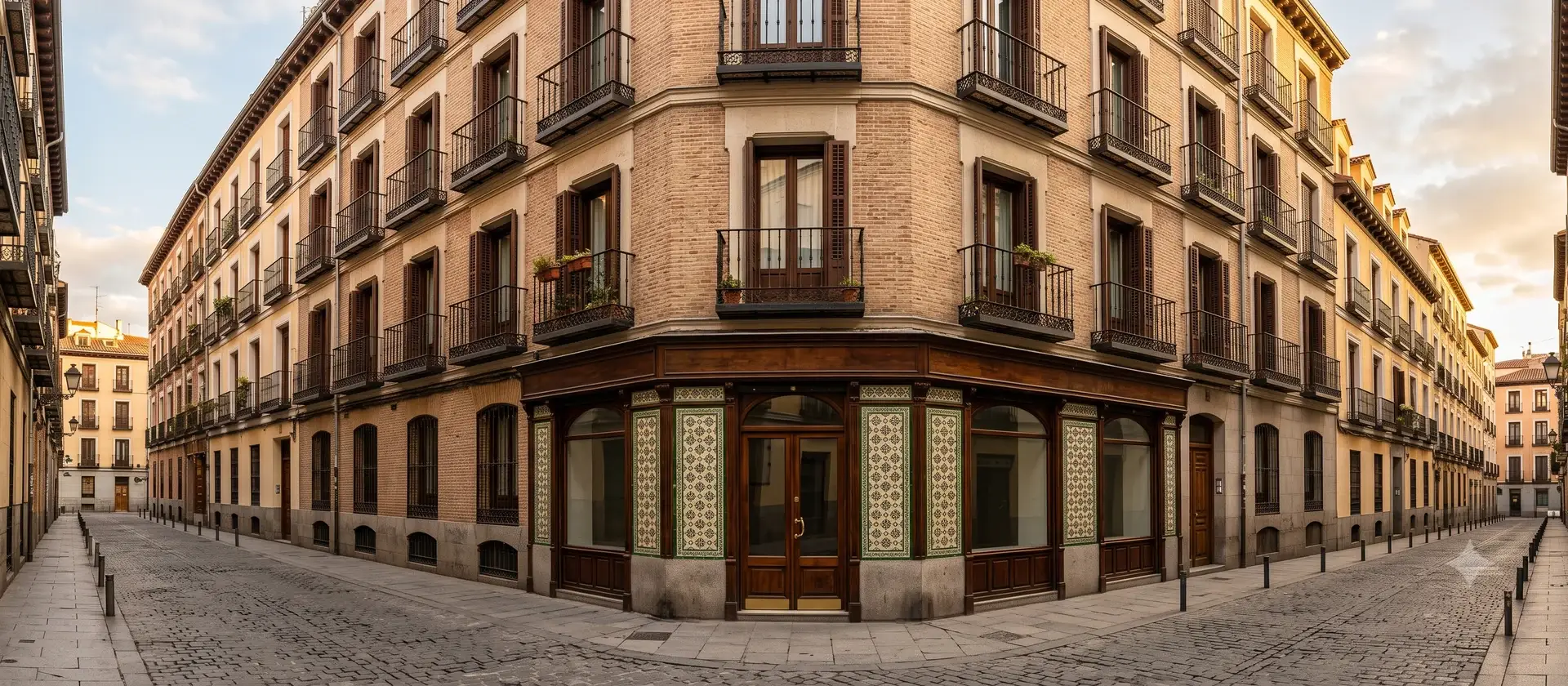 Fachada de un edificio histórico rehabilitado en el barrio madrileño de Malasaña con un antiguo local de azulejos en la planta baja, representativo del proyecto de Alojamiento Flexible de Sharing Co