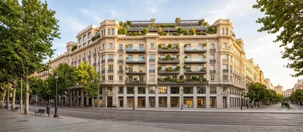 Edificio residencial de apartamentos con servicios en una gran avenida de Madrid, representativo del primer activo de Alojamiento Flexible de SilverPine en la calle de Alcalá