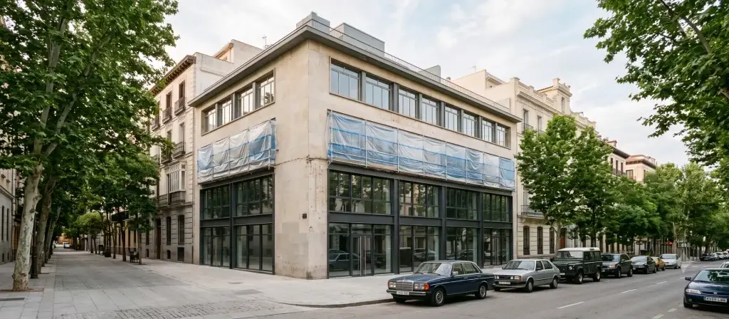 Edificio de oficinas de mediados del siglo XX en el barrio de Salamanca de Madrid en proceso de reconversión en estudios de Alojamiento Flexible