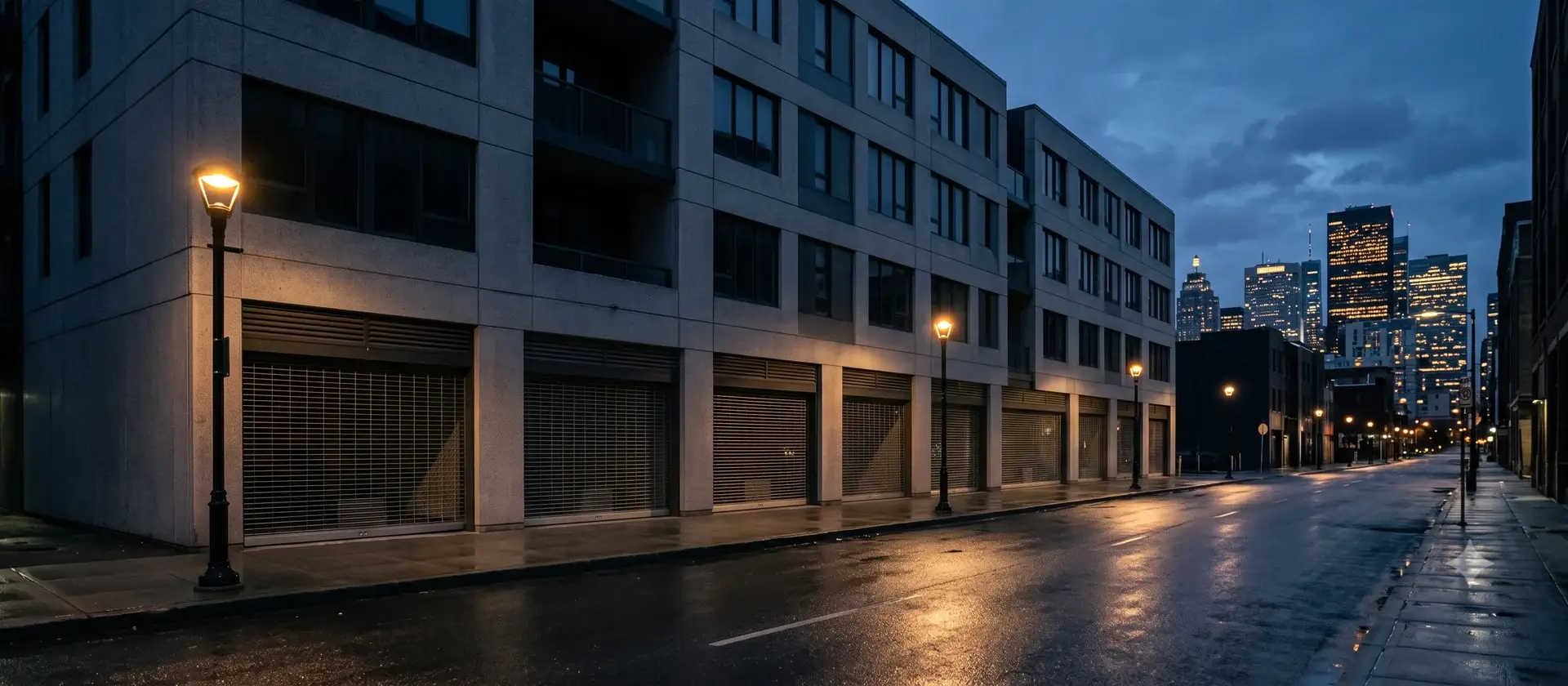 Edificio urbano de apartamentos con servicios vacío al anochecer, ilustrativo del cese de operaciones del operador Sonder y la venta de su marca