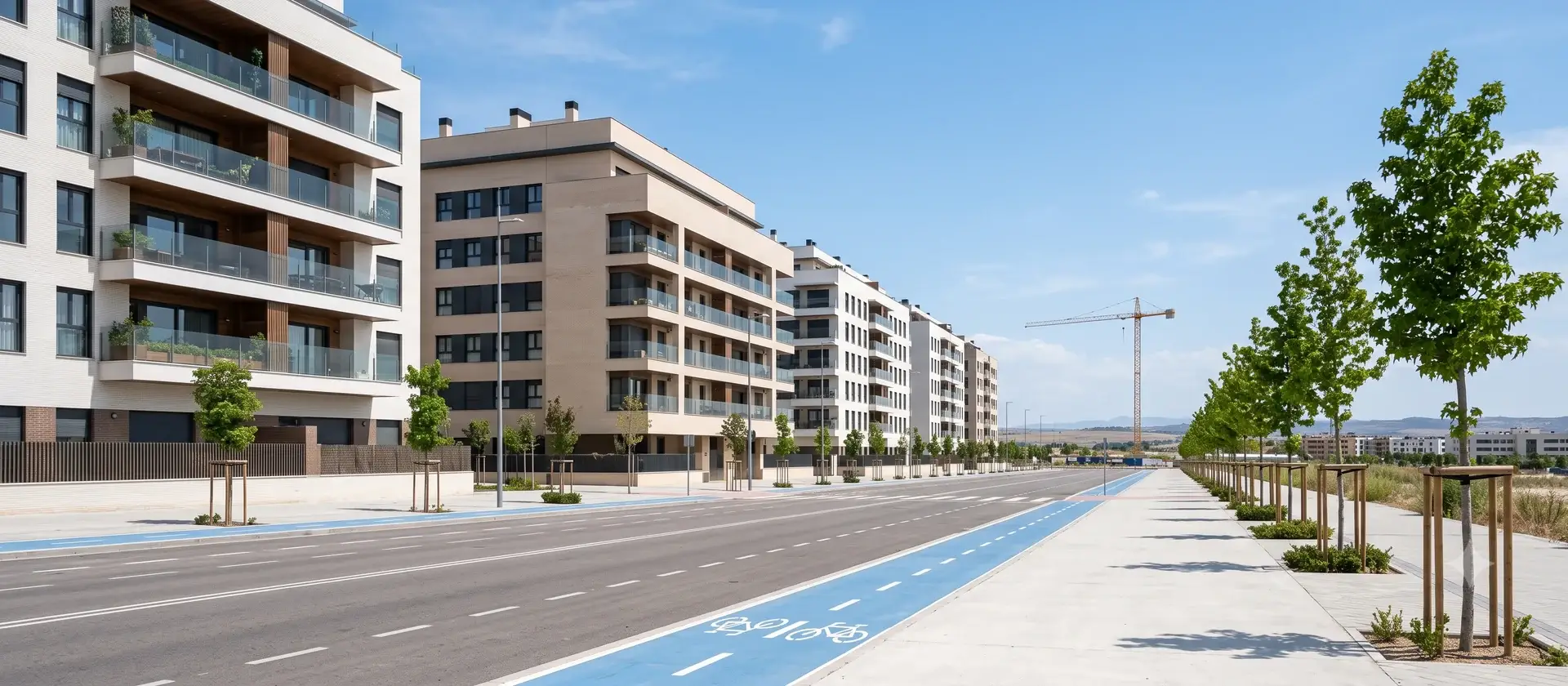 Calle de un desarrollo urbano reciente en el norte de Madrid con bloques residenciales contemporáneos, aceras anchas y arbolado joven, ilustrativa del ecosistema de Alojamiento Flexible de Valdebebas