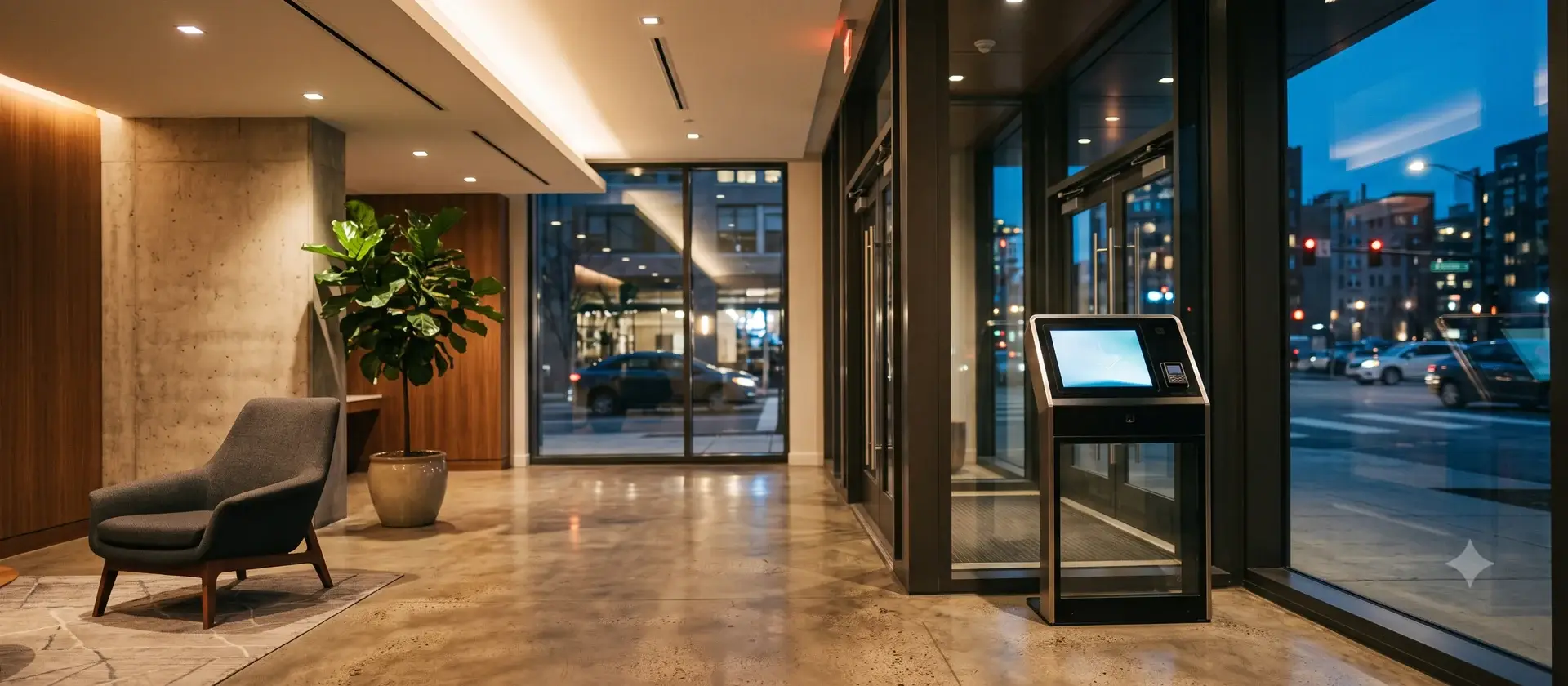Recepción automatizada vacía de un edificio de apartamentos con un terminal de autoservicio junto a la entrada, ilustrativa del peso de la tecnología en la operativa del alojamiento