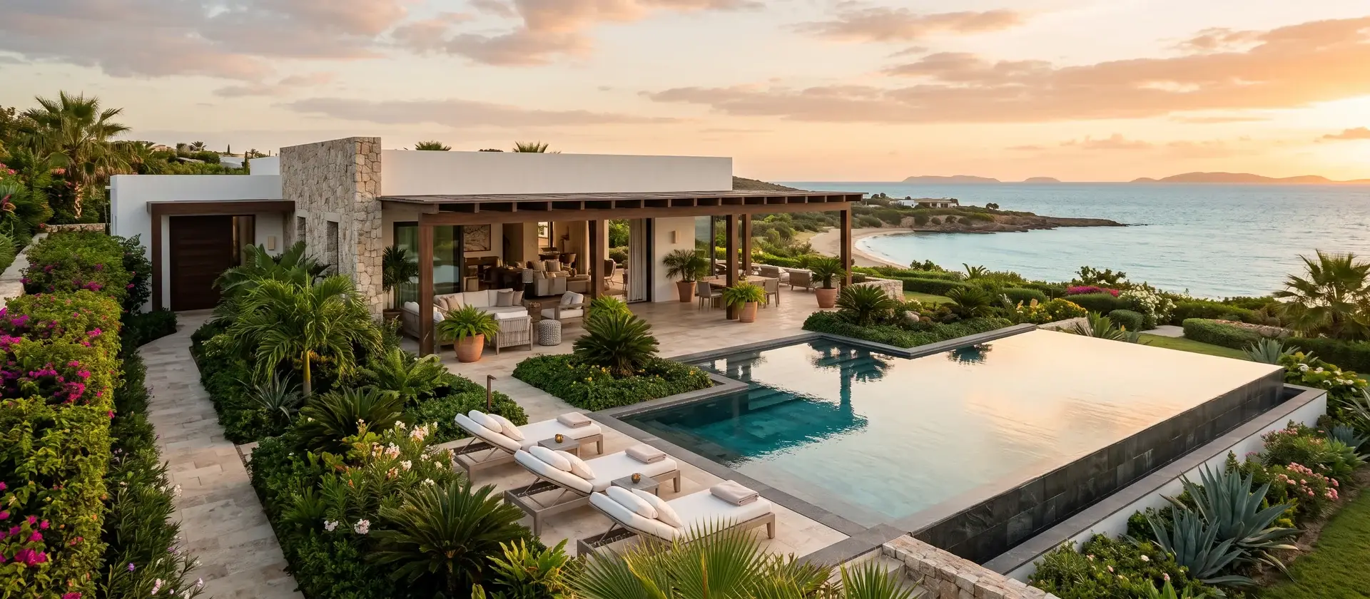 Villa de lujo con piscina privada dentro de un complejo hotelero al atardecer, ilustrativa de las residencias de marca acogidas a programas de alquiler