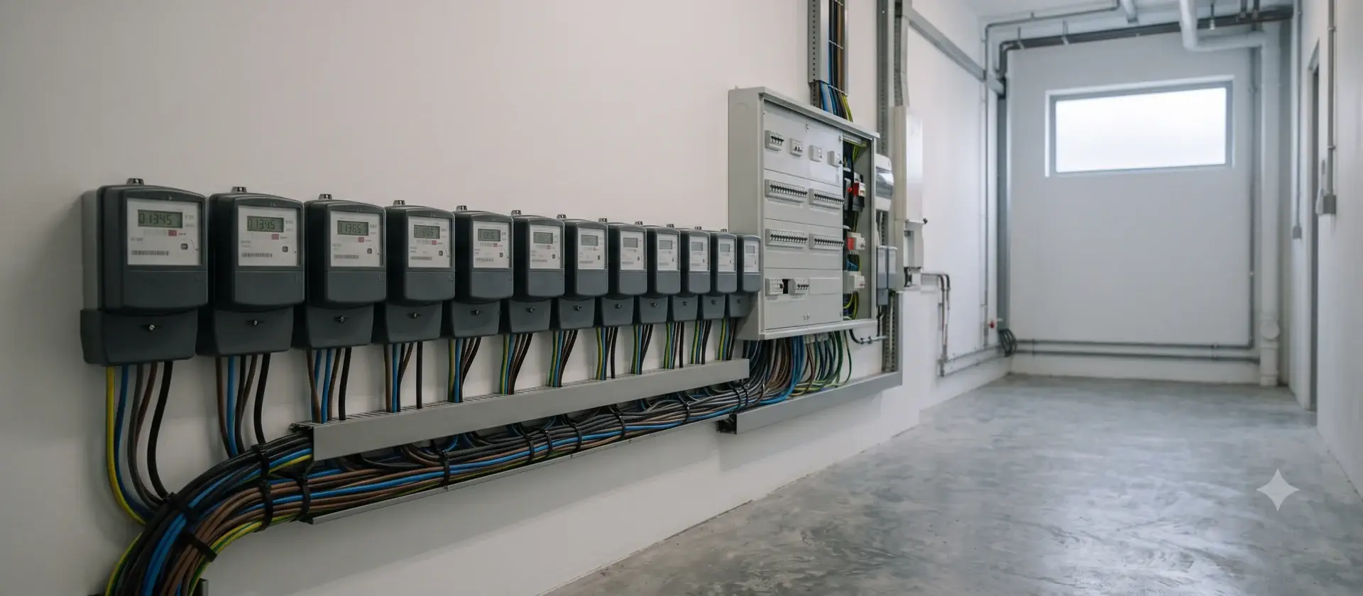 Detalle de un cuadro eléctrico y contadores modernos en el cuarto de instalaciones de un edificio residencial, ilustrativo de la digitalización de la gestión de suministros