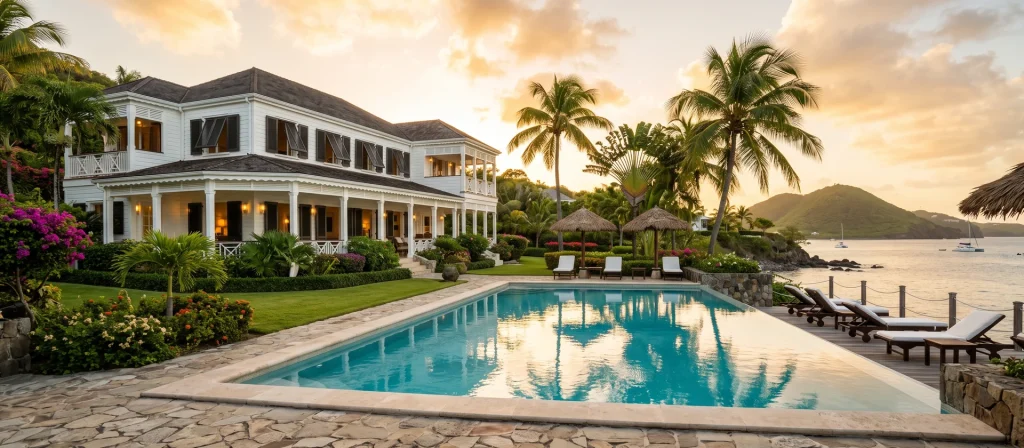 Villa de estilo colonial con piscina y palmeras en un complejo turístico del Caribe al atardecer, imagen ilustrativa del segmento de las branded residences