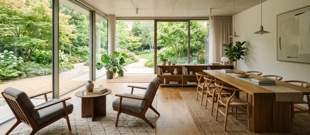 Sala común luminosa de un edificio residencial con butacas, estanterías y grandes ventanales abiertos a un jardín, ilustrativa de los espacios compartidos del Alojamiento Flexible