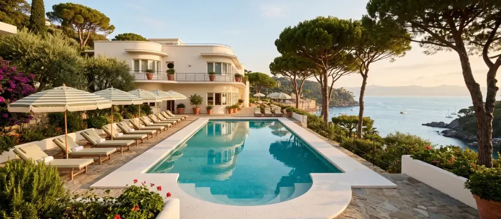 Piscina y terraza de un hotel mediterráneo de estilo italiano de los años sesenta al atardecer, ilustrativa del segmento lifestyle premium en Ibiza