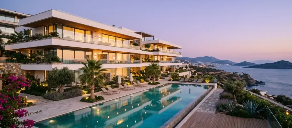 Edificio residencial contemporáneo de gama alta en la costa mediterránea al atardecer, con piscina y vegetación subtropical, ilustrativo del segmento premium del Alojamiento Flexible