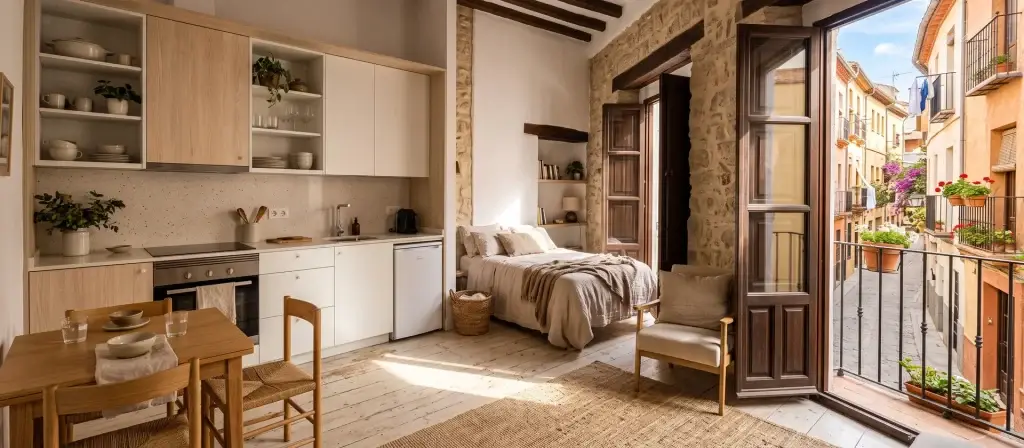 Interior luminoso de un estudio con cocina integrada y balcón abierto a una calle del centro histórico de una ciudad andaluza, ilustrativo del formato de apartamento turístico