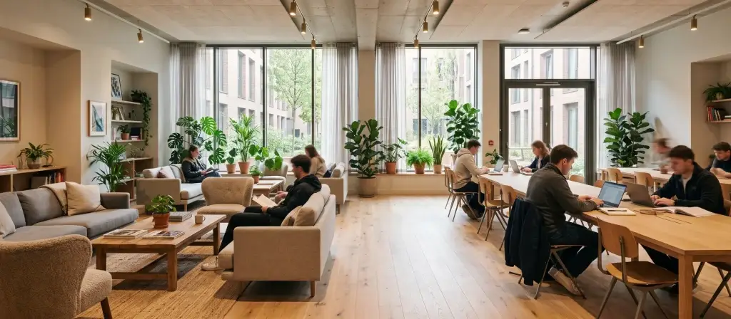 Sala común luminosa de una residencia contemporánea con sofás, mesas de trabajo y grandes ventanales, imagen ilustrativa del segmento de Alojamiento Flexible y residencias de estudiantes