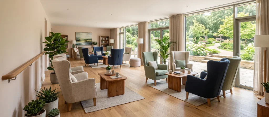 Sala luminosa de una residencia asistida con butacas tapizadas, plantas y grandes ventanales abiertos a un jardín