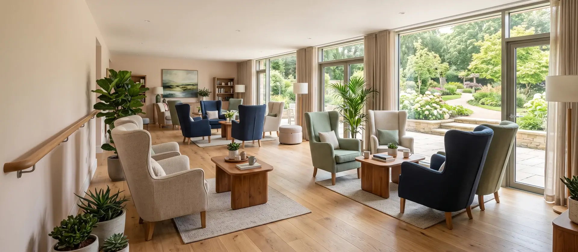 Sala luminosa de una residencia asistida con butacas tapizadas, plantas y grandes ventanales abiertos a un jardín