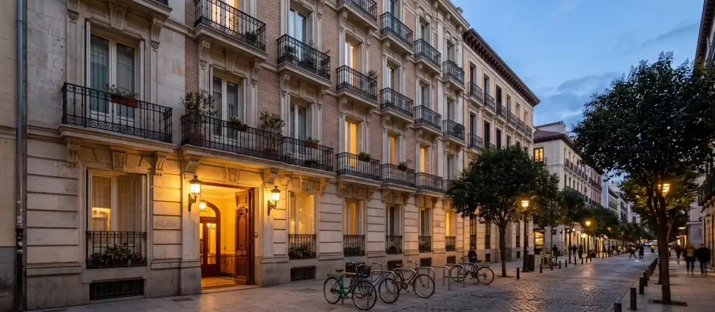 Fachada de un edificio residencial clásico de un barrio señorial de Madrid al atardecer, con balcones de forja y portal iluminado, imagen ilustrativa del proyecto de Alojamiento Flexible de Edgar Suites