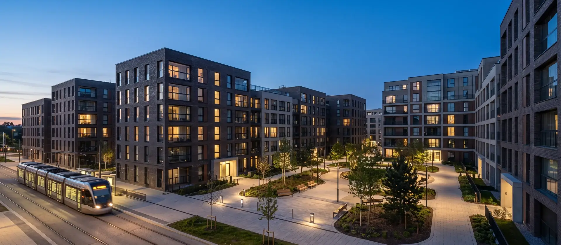 Gran complejo residencial contemporáneo en un nuevo barrio urbano al anochecer, con ventanas iluminadas, imagen ilustrativa del formato de Alojamiento Flexible de gran escala