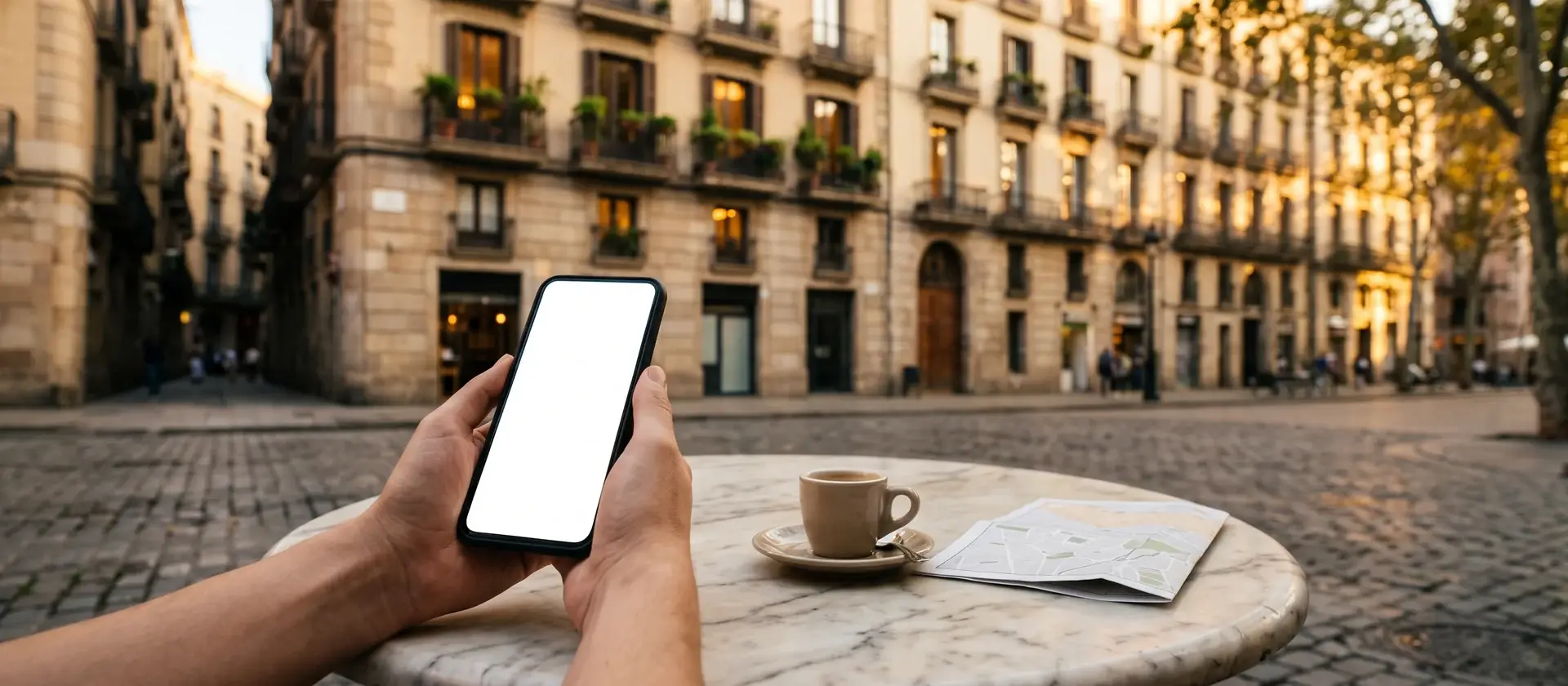 Manos sosteniendo un teléfono móvil con la pantalla en blanco en la terraza de un café de una ciudad europea, con fachadas de viviendas al fondo, imagen ilustrativa de la búsqueda de alojamiento