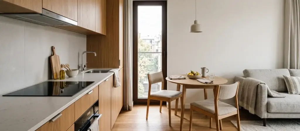 Cocina integrada en un apartamento con servicios contemporáneo, con encimera clara y armarios de madera junto a la zona de estar