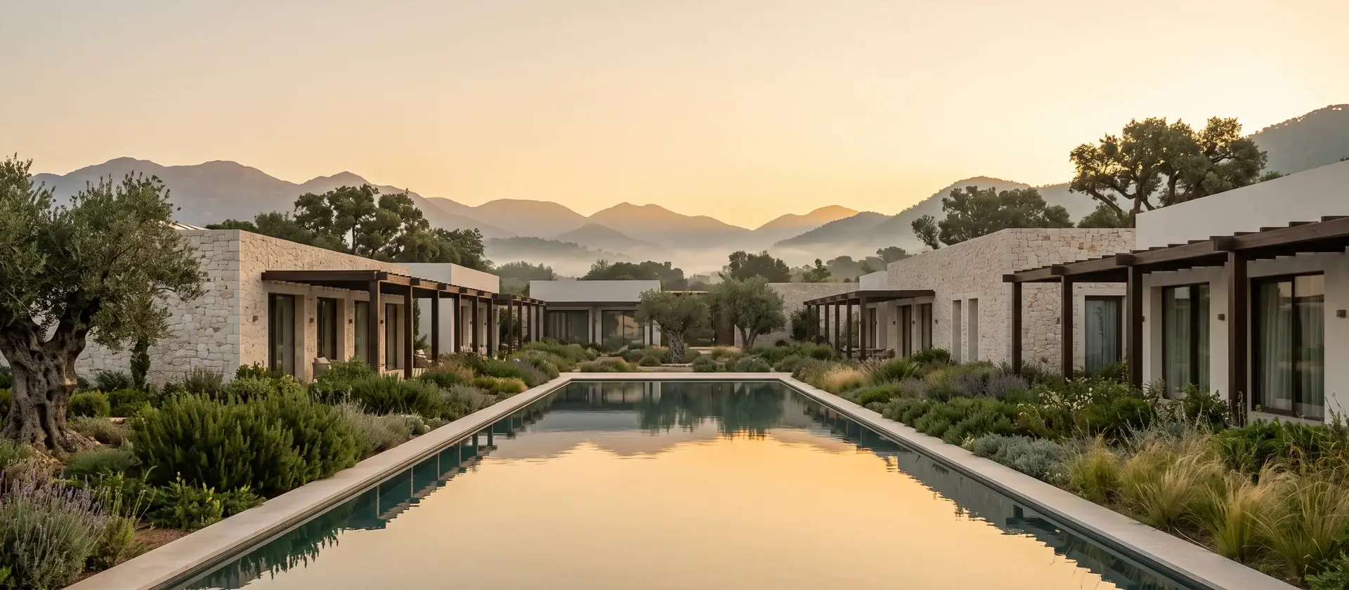 Resort de bienestar de arquitectura baja entre jardines mediterráneos al amanecer, con una lámina de agua y montañas al fondo, imagen ilustrativa