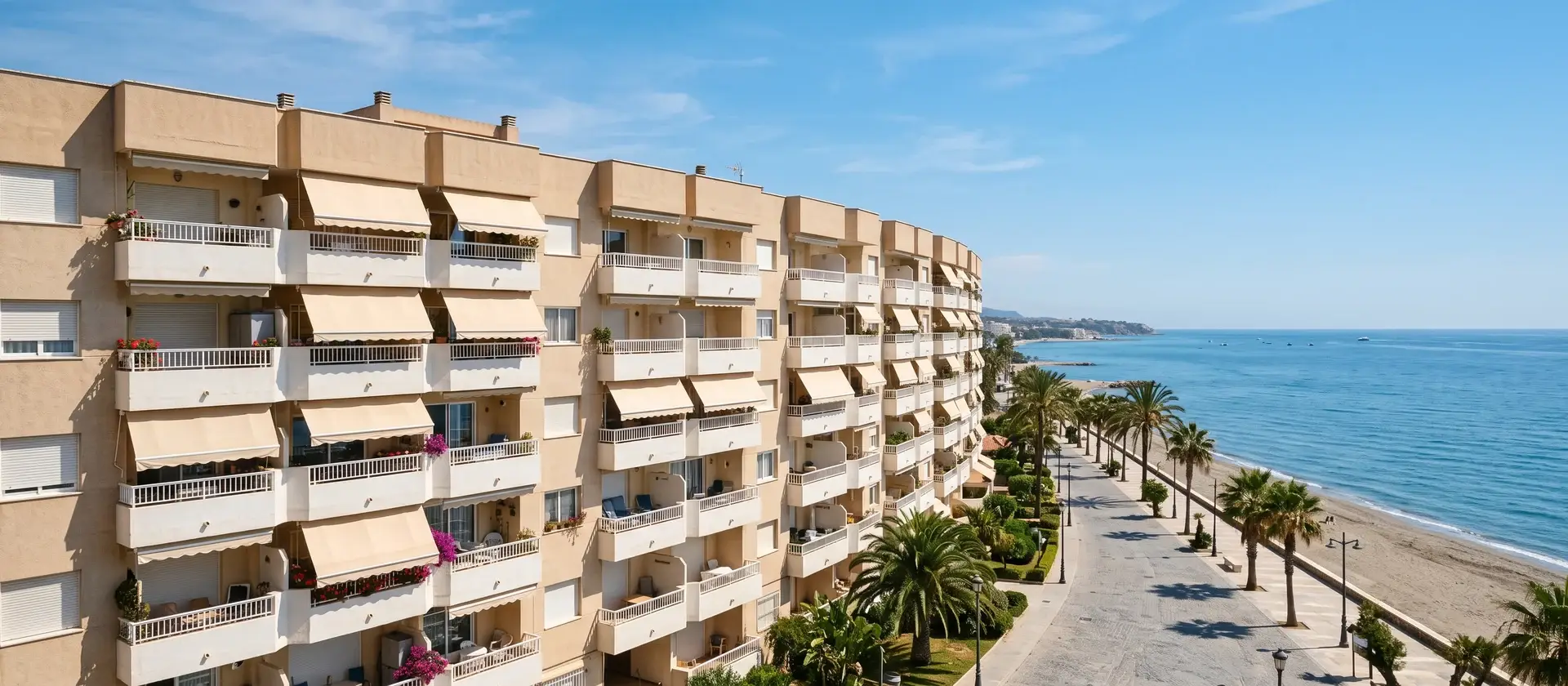 Fachada de un bloque de apartamentos frente al mar en la costa mediterránea española, con balcones y toldos, en un día de verano