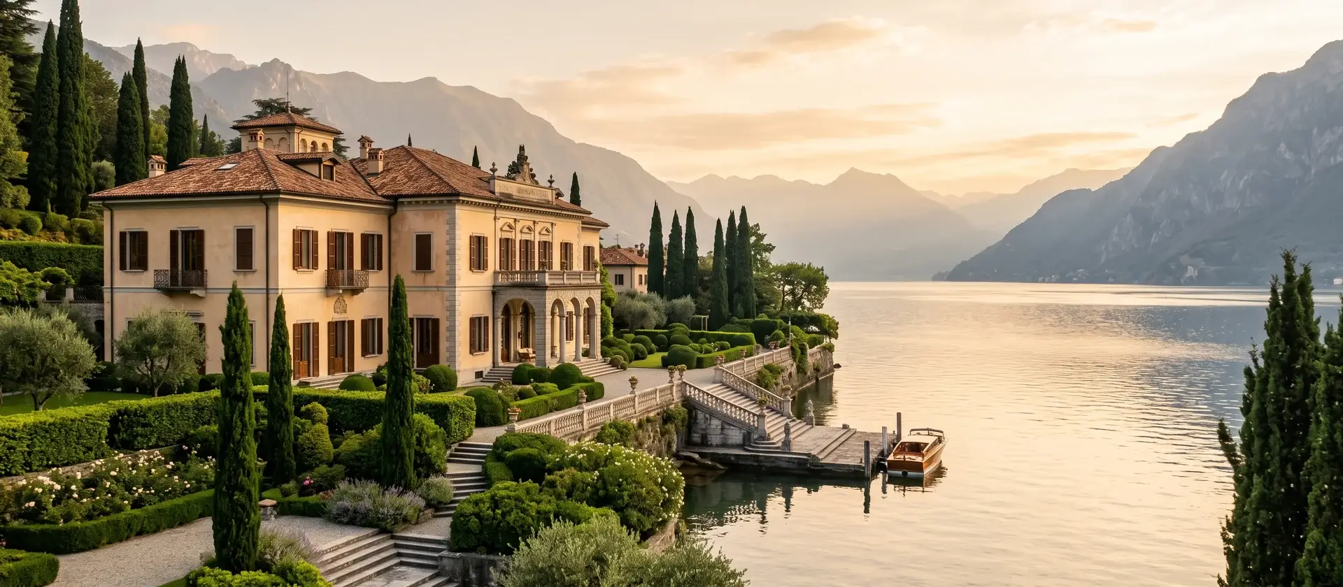 Palacio histórico italiano rehabilitado junto a un lago al atardecer, ilustrativo de la rehabilitación patrimonial que exigen las residencias de marca en Italia