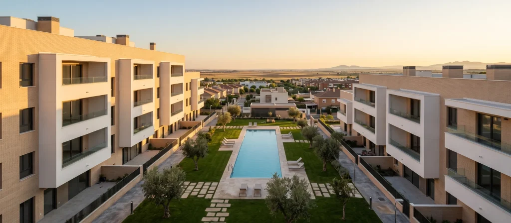 Complejo residencial contemporáneo de media altura con piscina exterior y zonas ajardinadas en un desarrollo urbano metropolitano, imagen ilustrativa del formato de Alojamiento Flexible