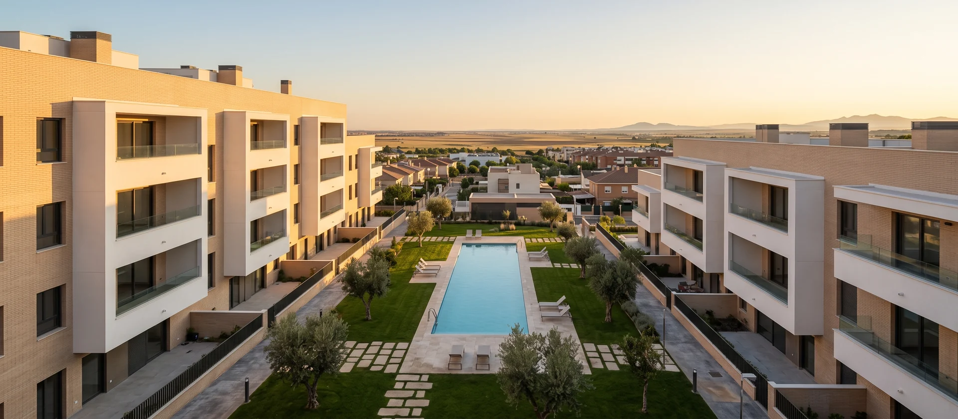 Complejo residencial contemporáneo de media altura con piscina exterior y zonas ajardinadas en un desarrollo urbano metropolitano, imagen ilustrativa del formato de Alojamiento Flexible