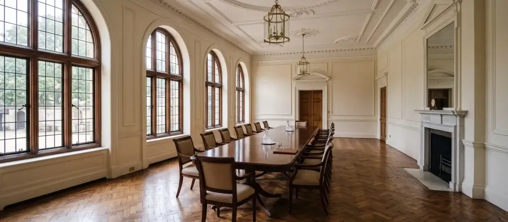 Sala de reuniones institucional vacía con mesa larga de madera y sillas, luz natural desde grandes ventanales, imagen conceptual de la toma de decisiones sobre política de vivienda