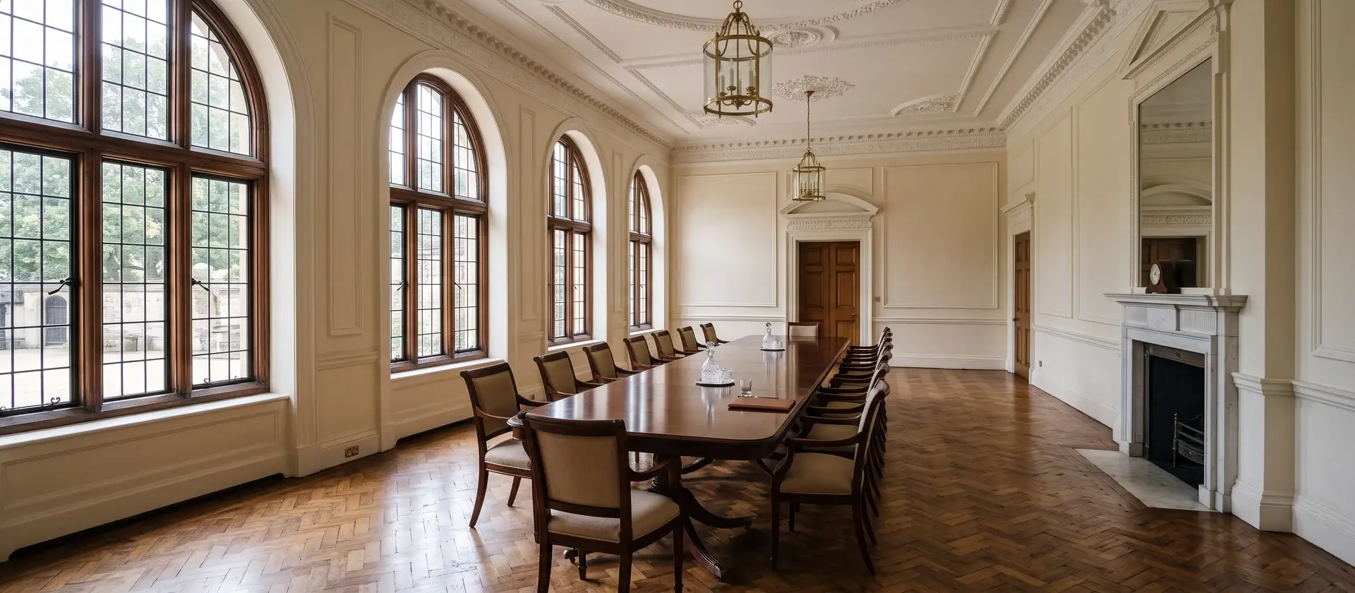Sala de reuniones institucional vacía con mesa larga de madera y sillas, luz natural desde grandes ventanales, imagen conceptual de la toma de decisiones sobre política de vivienda