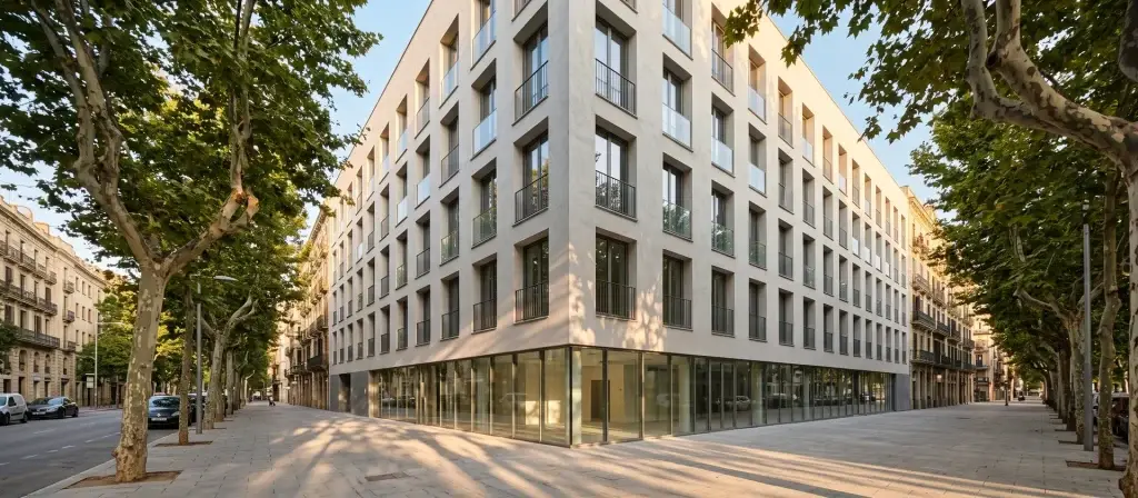 Edificio residencial contemporáneo de media altura en una avenida urbana arbolada de una ciudad mediterránea, ilustrativo de una residencia de estudiantes