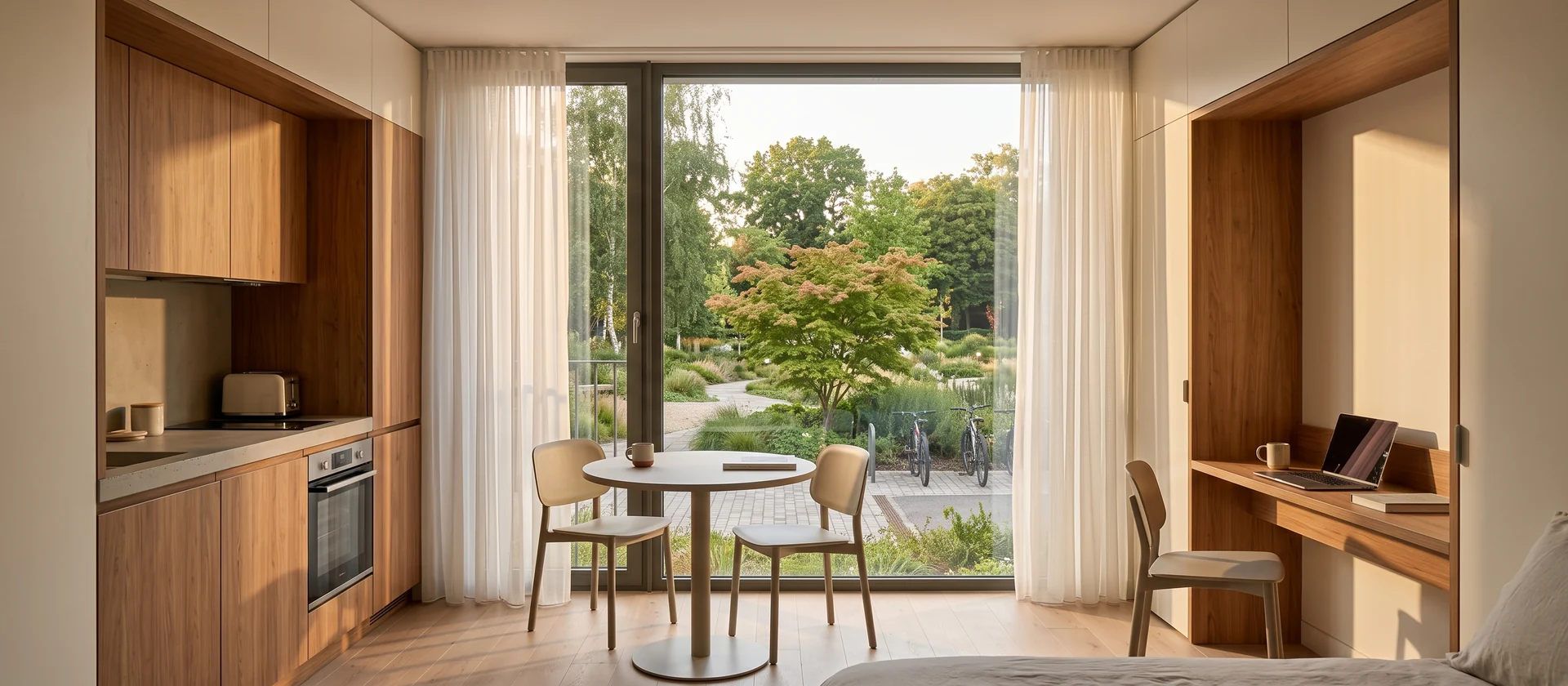 Interior de un apartamento compacto con cocina integrada y zona de trabajo en un edificio de Alojamiento Flexible, con luz natural y vistas a un patio ajardinado, imagen ilustrativa