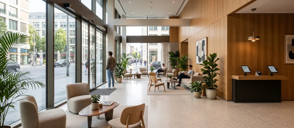 Recepción luminosa de un apartahotel contemporáneo con mostrador de autogestión y zona de estar, imagen ilustrativa del modelo de Alojamiento Flexible operado por Numa