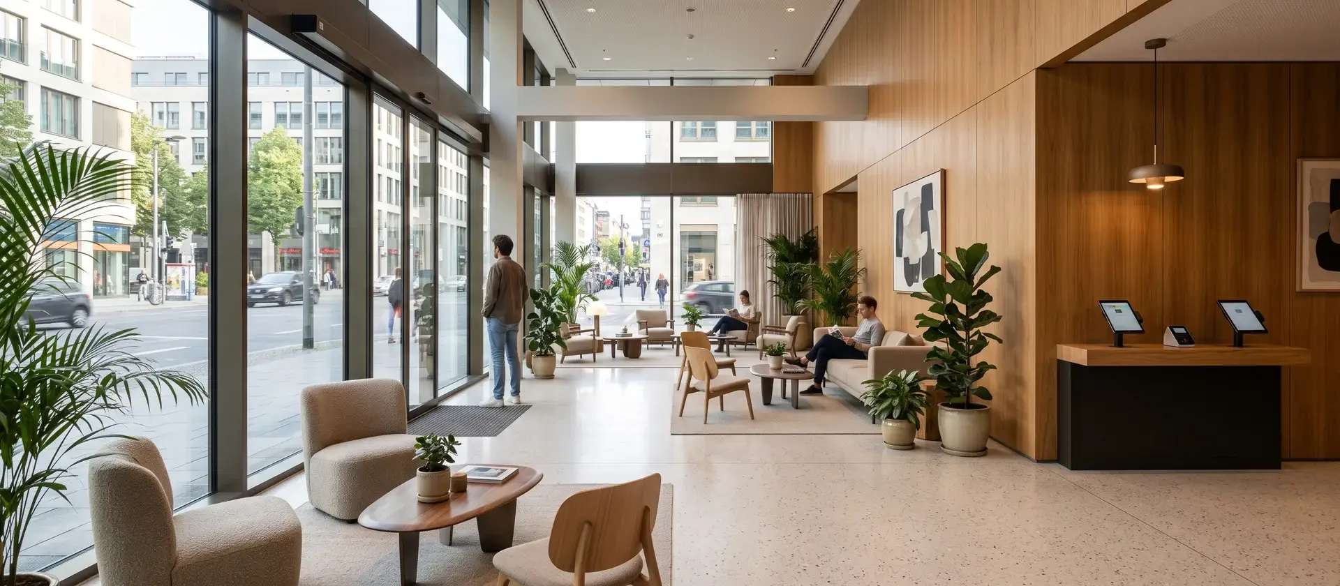 Recepción luminosa de un apartahotel contemporáneo con mostrador de autogestión y zona de estar, imagen ilustrativa del modelo de Alojamiento Flexible operado por Numa
