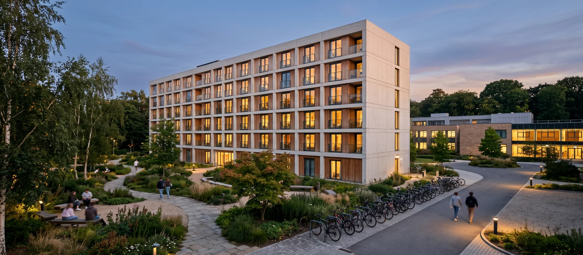 Edificio contemporáneo de residencia de estudiantes junto a un campus universitario al atardecer, con ventanas iluminadas y zonas comunes ajardinadas, imagen ilustrativa