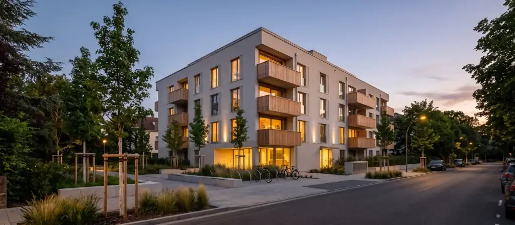 Edificio contemporáneo de media altura con fachada clara en una zona residencial madrileña al atardecer, imagen ilustrativa de la inversión en Alojamiento Flexible y residencias de estudiantes