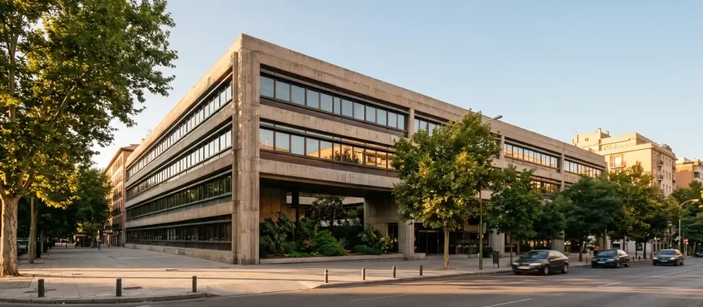 Edificio de oficinas de los años setenta con fachada de hormigón y ventanas corridas en una avenida de Madrid, imagen ilustrativa de la reconversión en Alojamiento Flexible