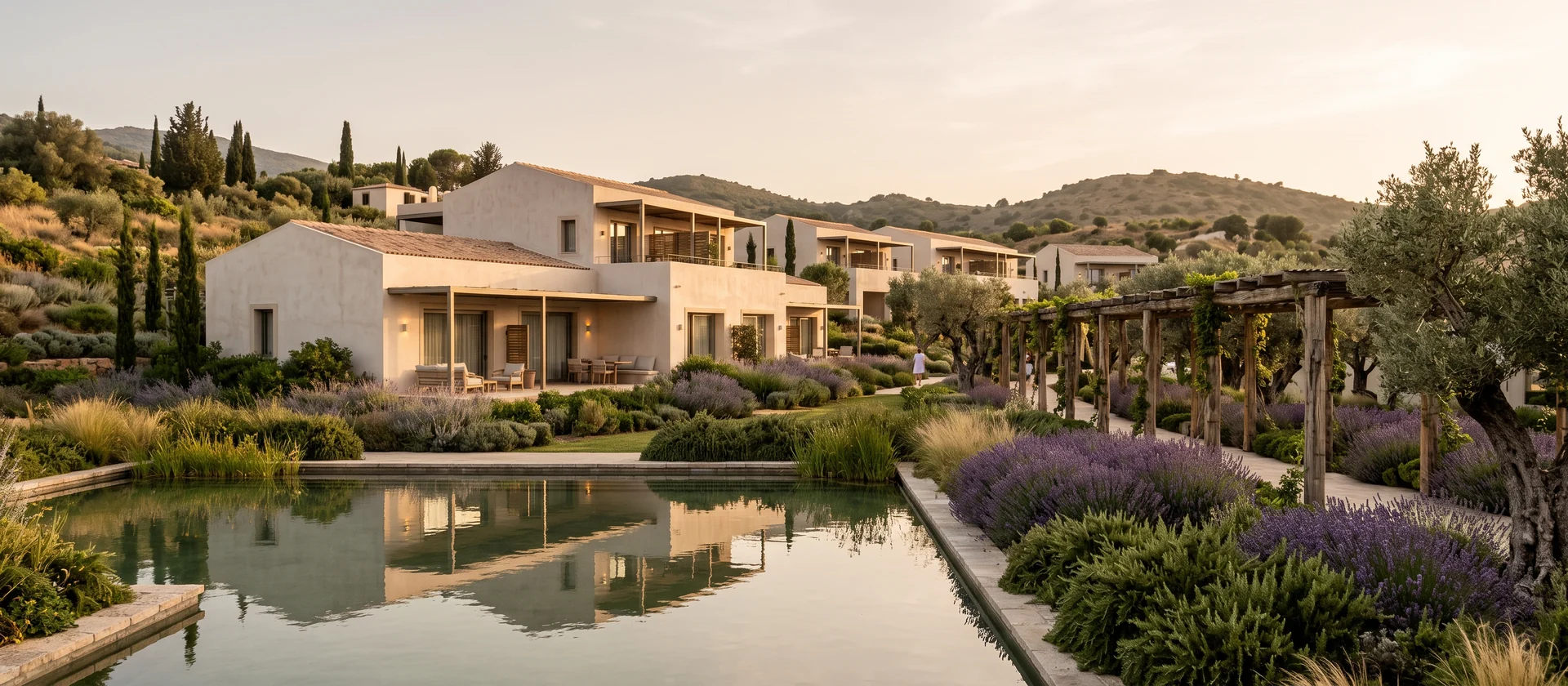 Complejo residencial de baja altura entre jardines mediterráneos con zonas comunes al aire libre, imagen ilustrativa del formato de Senior Living en la Costa del Sol