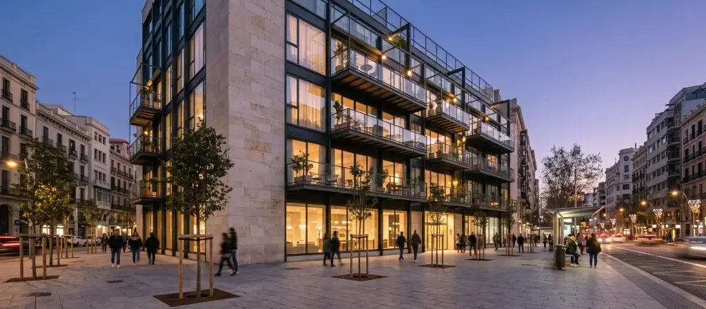 Edificio de oficinas reconvertido en apartamentos con servicios en una gran ciudad española al atardecer, imagen ilustrativa de la inversión en Alojamiento Flexible