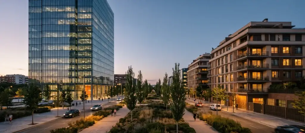 Edificio de oficinas contemporáneo junto a un bloque residencial de apartamentos con servicios en un distrito empresarial de Madrid al atardecer, imagen ilustrativa
