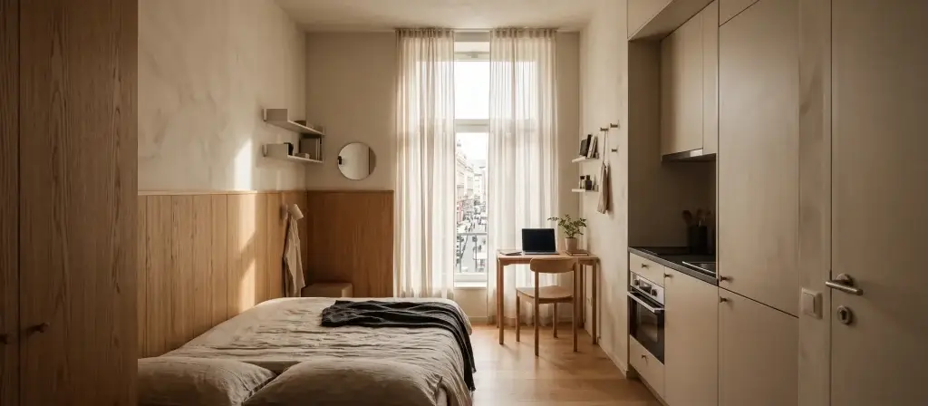 Estudio compacto contemporáneo con cama, zona de trabajo y cocina integrada en poco espacio, con luz natural, imagen ilustrativa del formato de Alojamiento Flexible