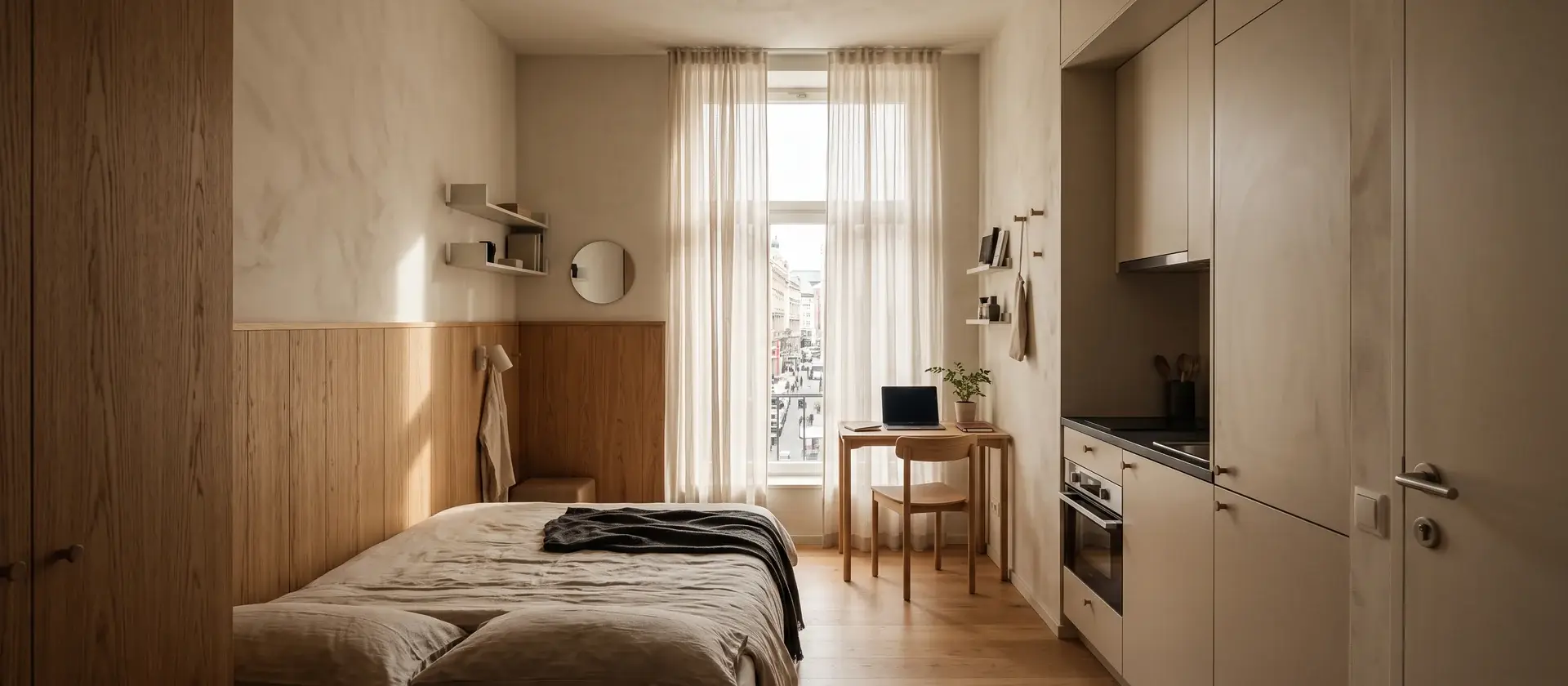Estudio compacto contemporáneo con cama, zona de trabajo y cocina integrada en poco espacio, con luz natural, imagen ilustrativa del formato de Alojamiento Flexible