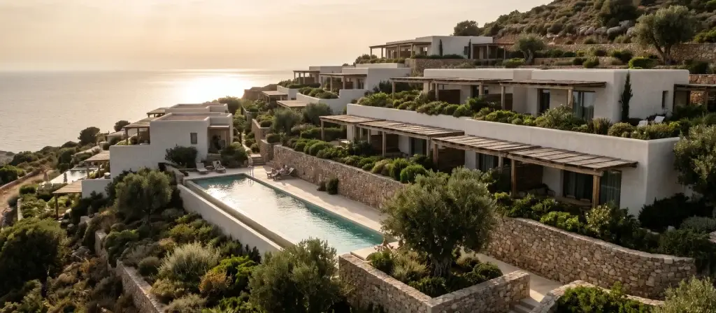 Complejo de apartamentos turísticos de baja altura en terrazas sobre la ladera, con piscina y jardines mediterráneos frente al mar, imagen ilustrativa